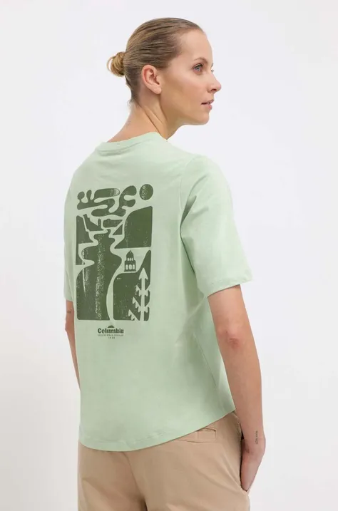Bombažna kratka majica Columbia ženski, zelena barva