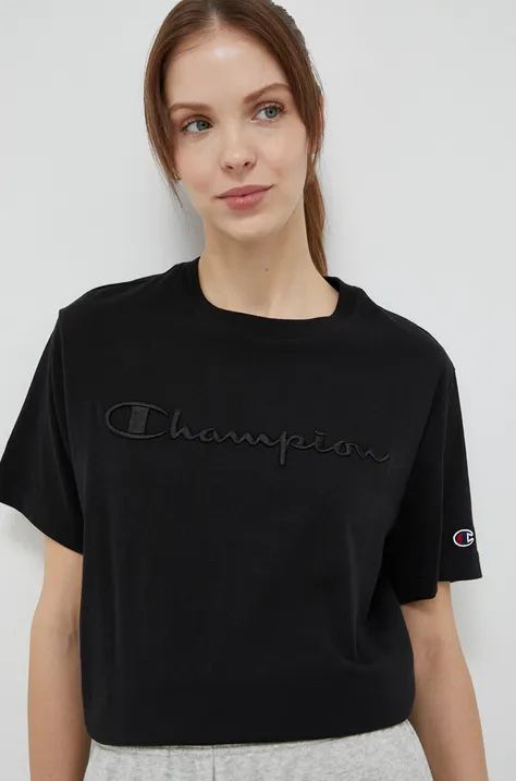 Βαμβακερό μπλουζάκι Champion γυναικεία, χρώμα: μαύρο