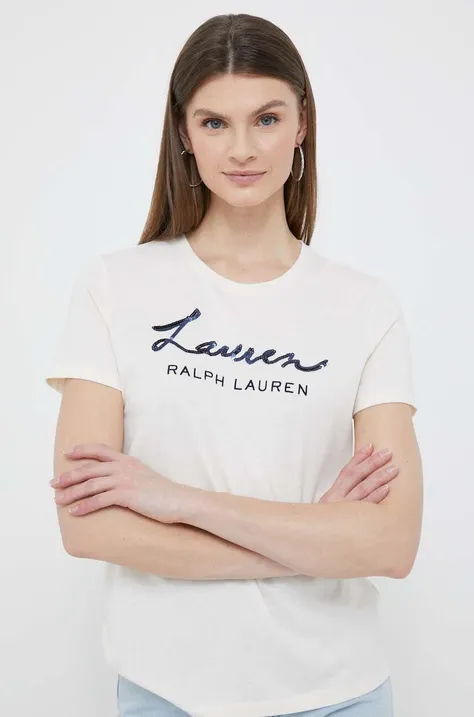 Kratka majica Lauren Ralph Lauren ženski, bež barva