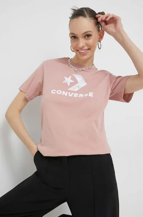 Bombažna kratka majica Converse roza barva