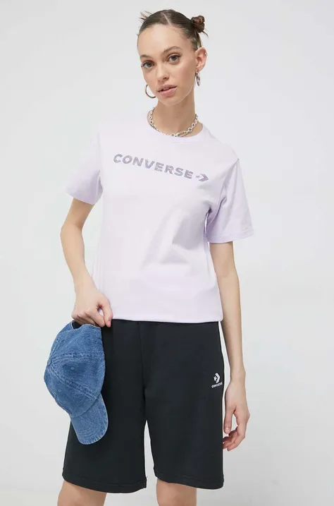 Памучна тениска Converse в лилаво
