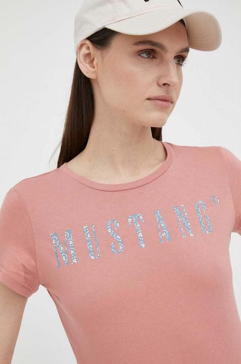Bavlněné tričko Mustang růžová barva