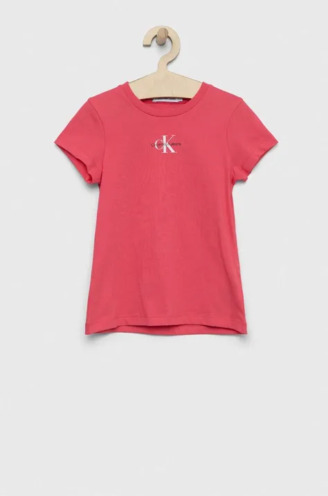 Otroška bombažna kratka majica Calvin Klein Jeans roza barva