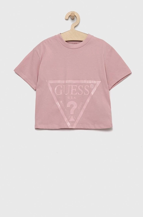 Детска памучна тениска Guess в розово