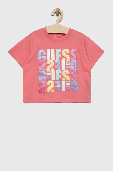 Παιδικό βαμβακερό μπλουζάκι Guess χρώμα: ροζ