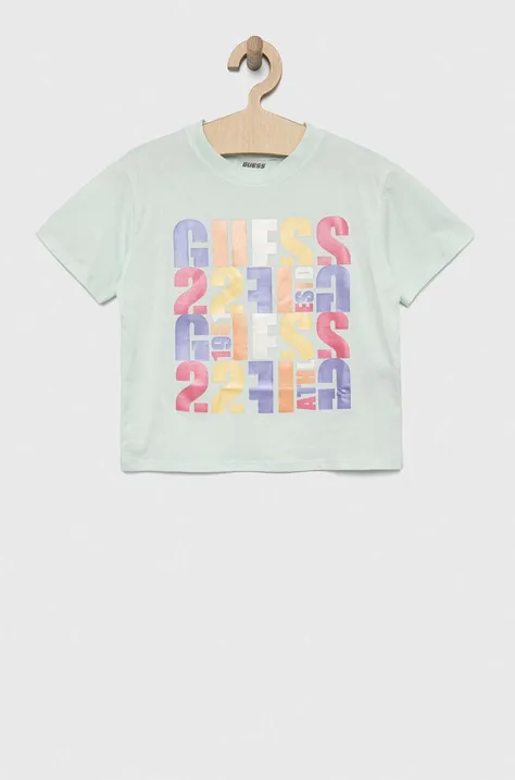 Παιδικό βαμβακερό μπλουζάκι Guess χρώμα: τιρκουάζ