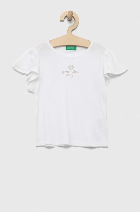 Kratka majica s primesjo lanu United Colors of Benetton bela barva