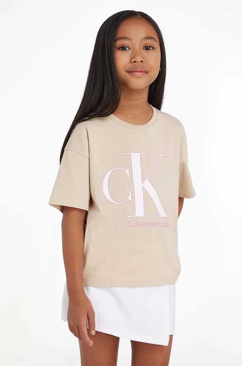 Calvin Klein Jeans t-shirt bawełniany dziecięcy kolor beżowy