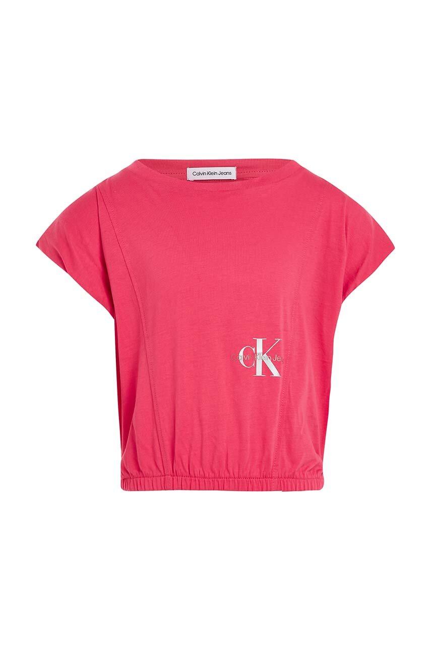 Otroška bombažna kratka majica Calvin Klein Jeans roza barva