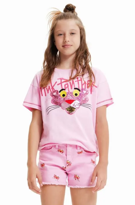 Dječja pamučna majica kratkih rukava Desigual Pink Panther boja: ružičasta