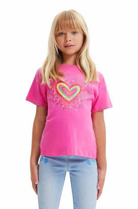 Otroška bombažna kratka majica Desigual roza barva