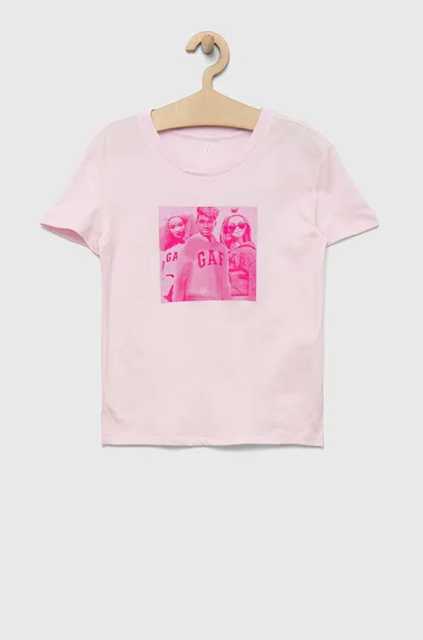 Otroška bombažna kratka majica GAP x Barbie roza barva