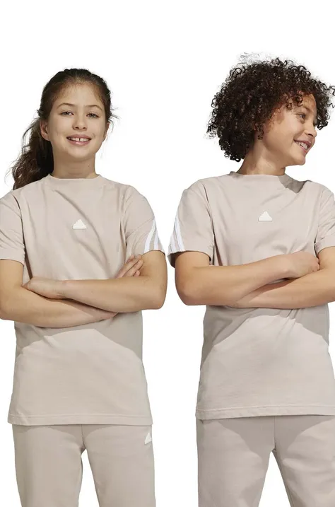 Дитяча бавовняна футболка adidas U FI 3S колір бежевий з аплікацією