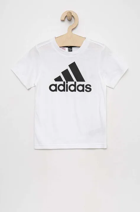 Дитяча бавовняна футболка adidas LK BL CO колір білий з принтом