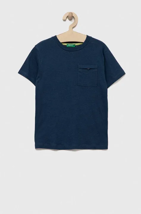 Tričko s prímesou ľanu United Colors of Benetton tmavomodrá farba, jednofarebný