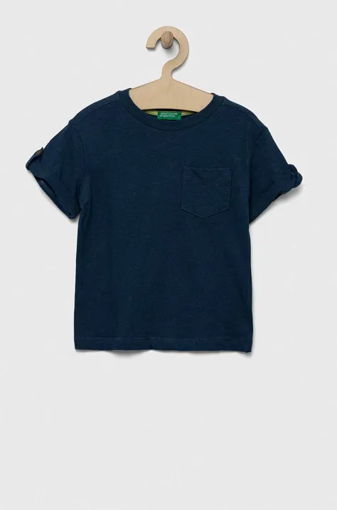 Majica kratkih rukava s dodatkom lana United Colors of Benetton boja: tamno plava, glatki model