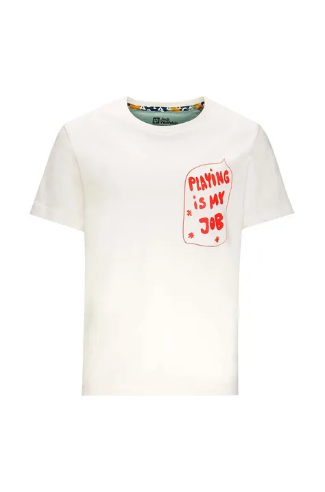 Детска памучна тениска Jack Wolfskin VILLI T K в бяло с десен
