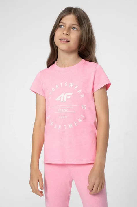 4F t-shirt bawełniany dziecięcy kolor różowy z nadrukiem