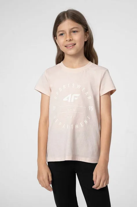 Detské bavlnené tričko 4F béžová farba, s potlačou