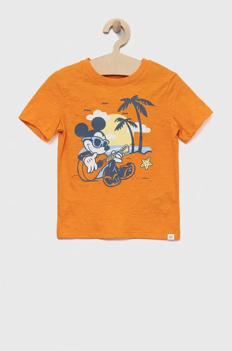 Детска памучна тениска GAP x Disney в оранжево с принт