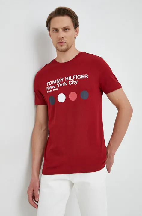 Памучна тениска Tommy Hilfiger в червено с принт