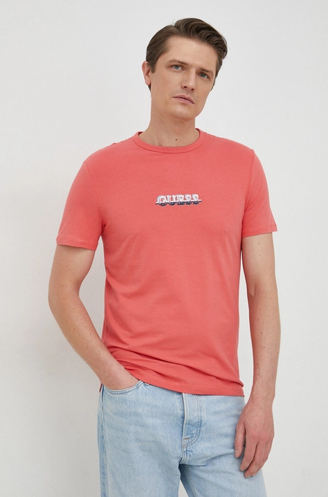 Guess t-shirt męski kolor różowy z aplikacją