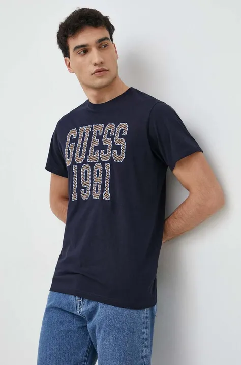 Bombažna kratka majica Guess mornarsko modra barva