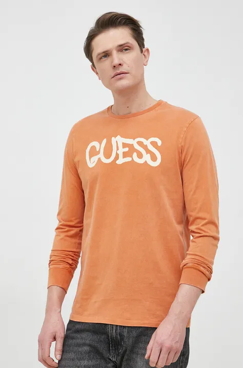 Bavlnené tričko s dlhým rukávom Guess x Brandalised oranžová farba, vzorované