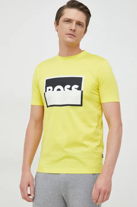BOSS t-shirt bawełniany kolor żółty z nadrukiem