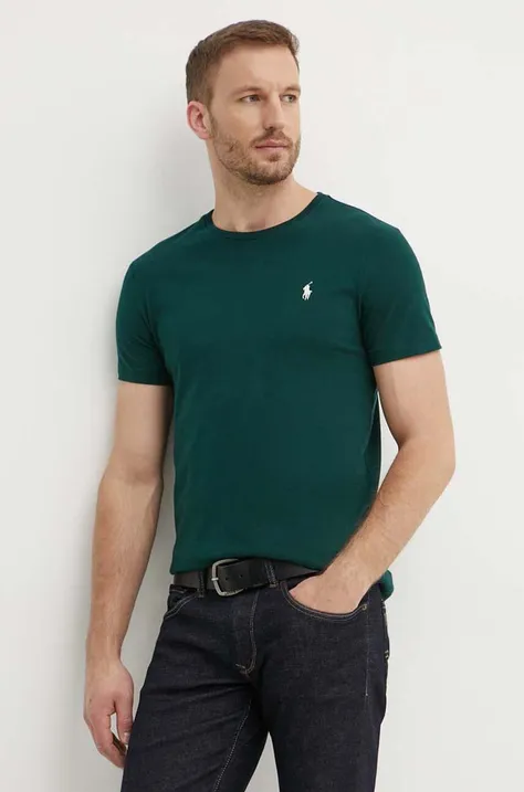 Хлопковая футболка Polo Ralph Lauren мужская цвет зелёный однотонная 710671438