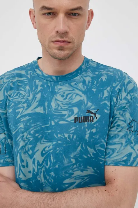 Памучна тениска Puma в синьо с десен