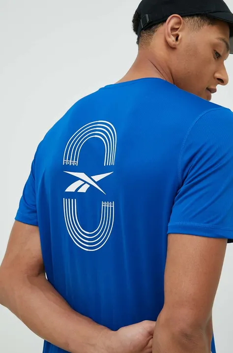 Reebok t-shirt do biegania kolor niebieski z nadrukiem