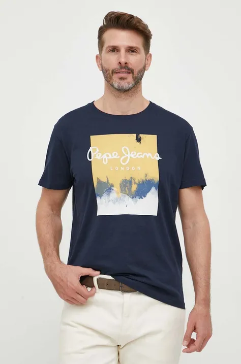 Pepe Jeans t-shirt bawełniany kolor granatowy z nadrukiem