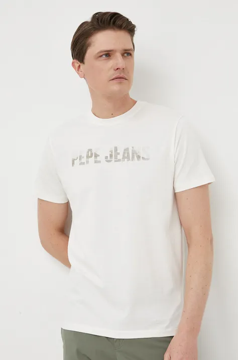 Bavlnené tričko Pepe Jeans béžová farba, s potlačou