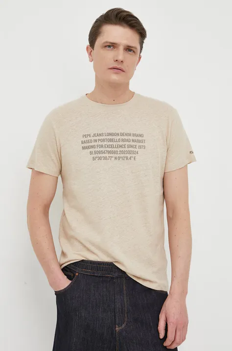 Тениска с лен Pepe Jeans Ricci в бежово с принт