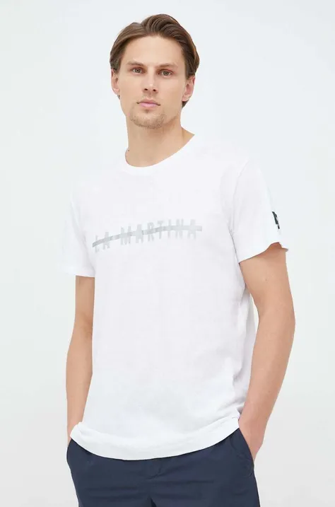 La Martina t-shirt z domieszką lnu kolor biały wzorzysty