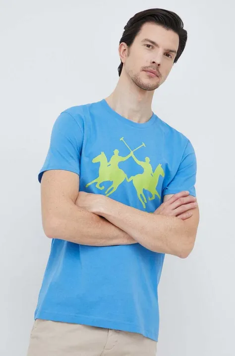 La Martina t-shirt bawełniany kolor niebieski z nadrukiem