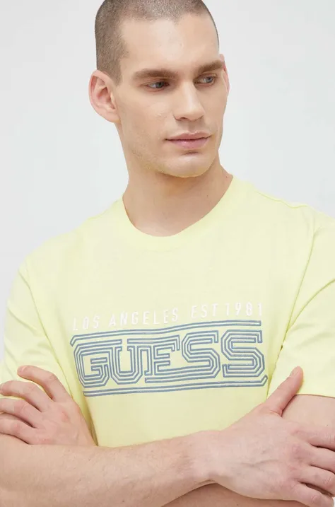 Bavlnené tričko Guess žltá farba, vzorované