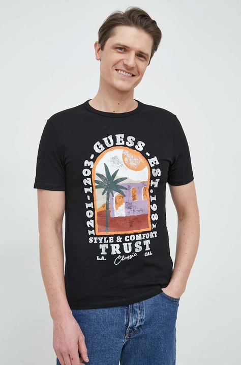 Guess t-shirt bawełniany kolor czarny z nadrukiem