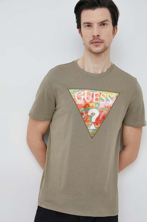 Бавовняна футболка Guess колір зелений з аплікацією
