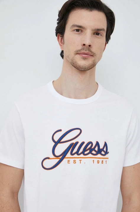 Guess t-shirt bawełniany kolor biały z aplikacją