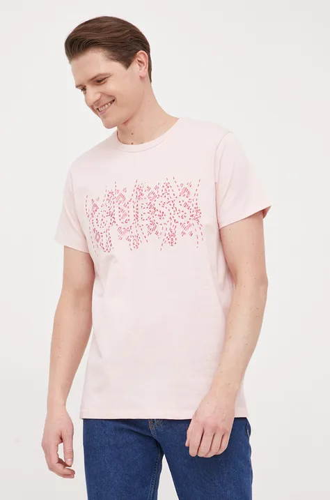 Bavlnené tričko Guess ružová farba, s nášivkou