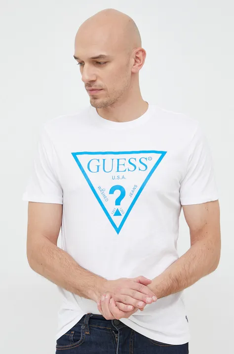 Bavlnené tričko Guess biela farba, s potlačou