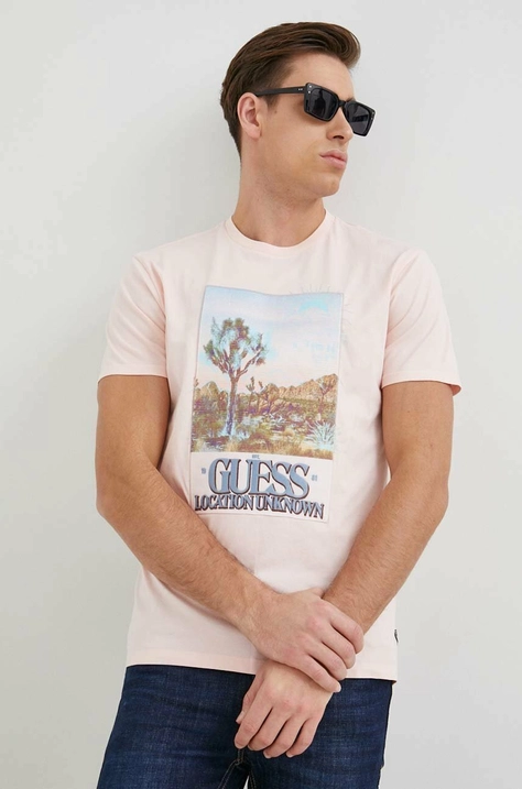 Guess t-shirt bawełniany kolor różowy z nadrukiem