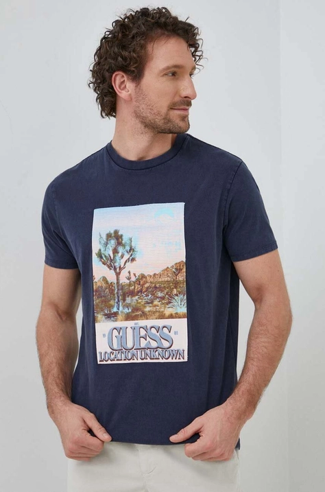 Guess tricou din bumbac Culoarea albastru marin, cu imprimeu