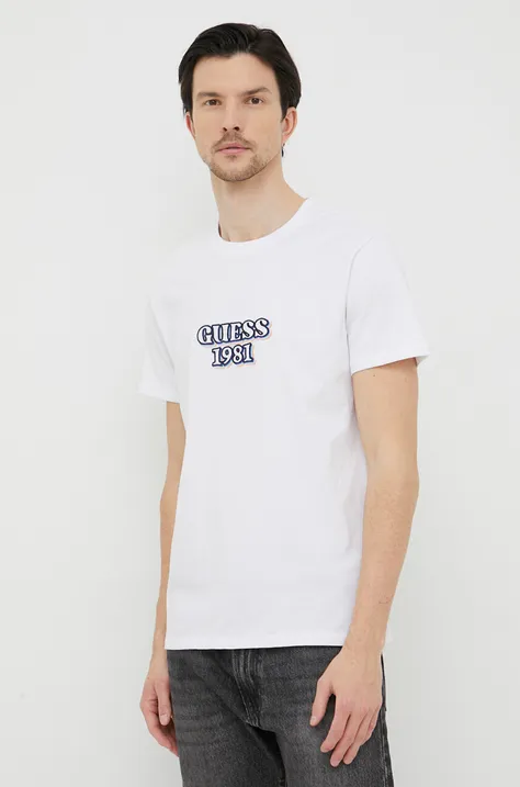 Bavlnené tričko Guess biela farba, s nášivkou