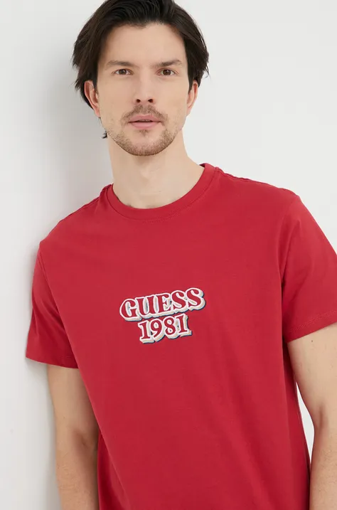 Хлопковая футболка Guess цвет бордовый с аппликацией