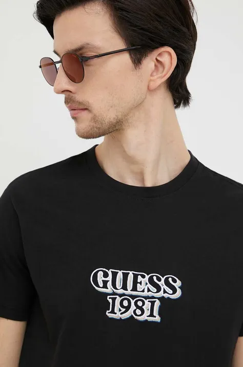 Бавовняна футболка Guess колір чорний з аплікацією