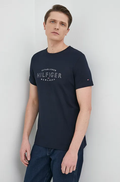 Bombažna kratka majica Tommy Hilfiger mornarsko modra barva
