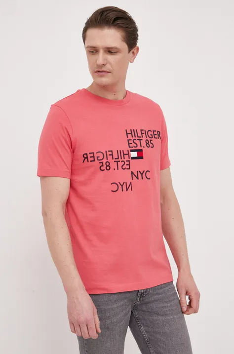 Хлопковая футболка Tommy Hilfiger цвет розовый с аппликацией